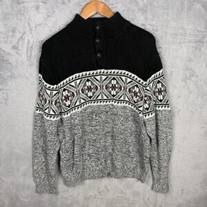 Chaps‎ Men’s Sweater Nordic Fair Isle Winter Black Gray Large Preppy Academia